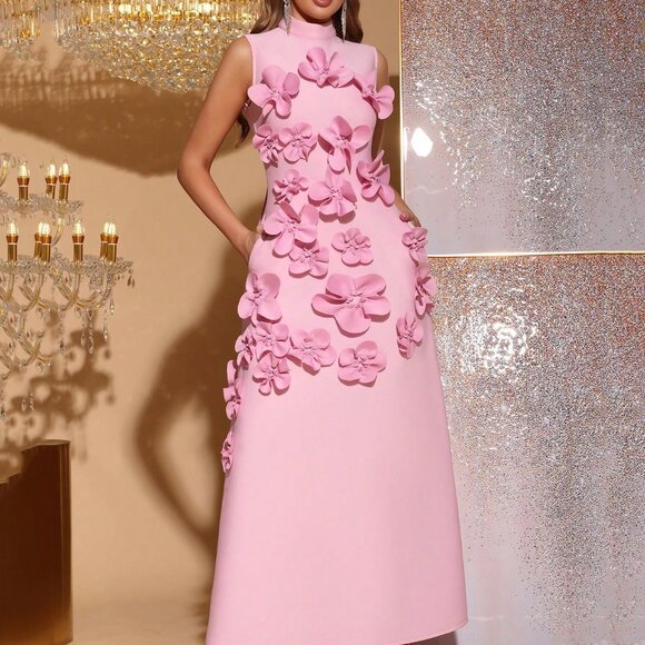 Pink Elegant Women's 3d Floral Decor Slim Fit High Neck Sleeveless Dress - Picture 5 of 8